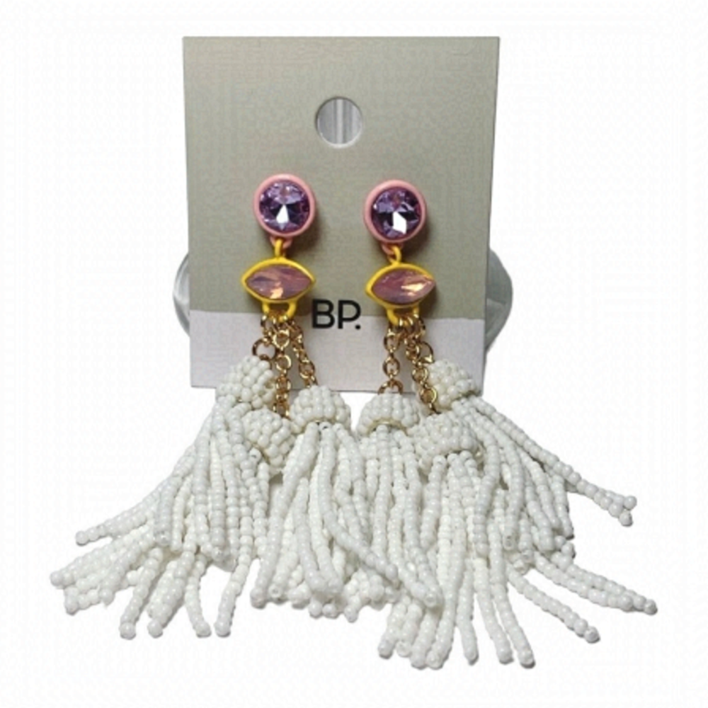 BP White Beaded Dangling Earrings